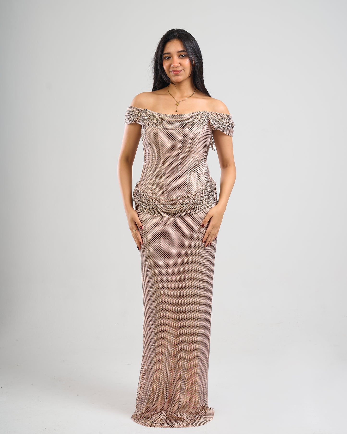 Champagne Glow Off-Shoulder Gown