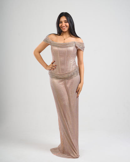 Champagne Glow Off-Shoulder Gown
