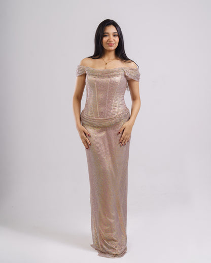 Champagne Glow Off-Shoulder Gown