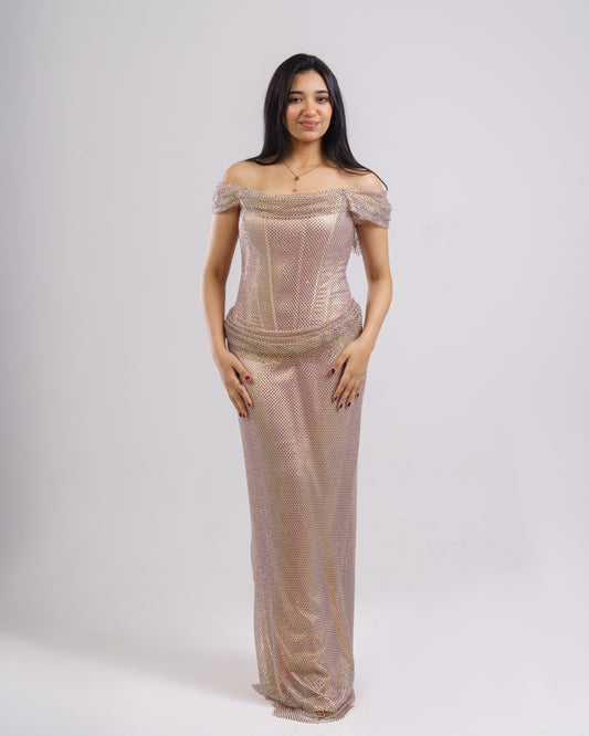 Champagne Glow Off-Shoulder Gown