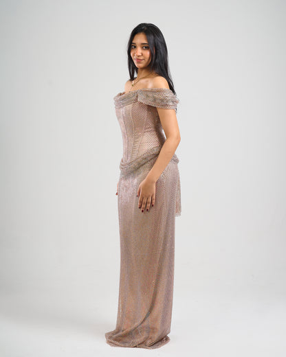 Champagne Glow Off-Shoulder Gown