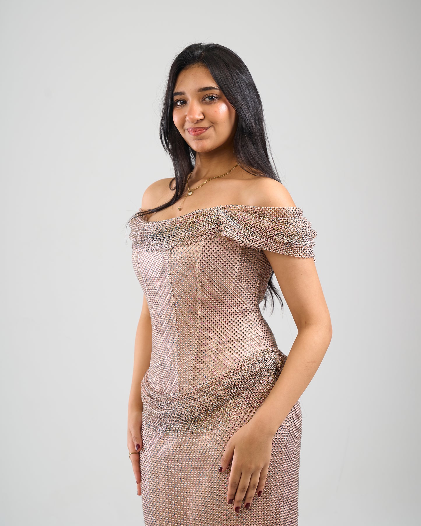 Champagne Glow Off-Shoulder Gown