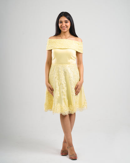 Lemon Glow Lace Party Dress