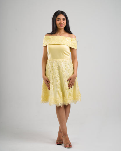 Lemon Glow Lace Party Dress
