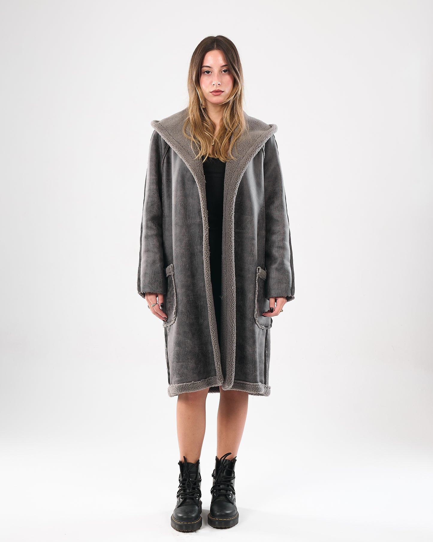 Faux shearling hooded leather coat