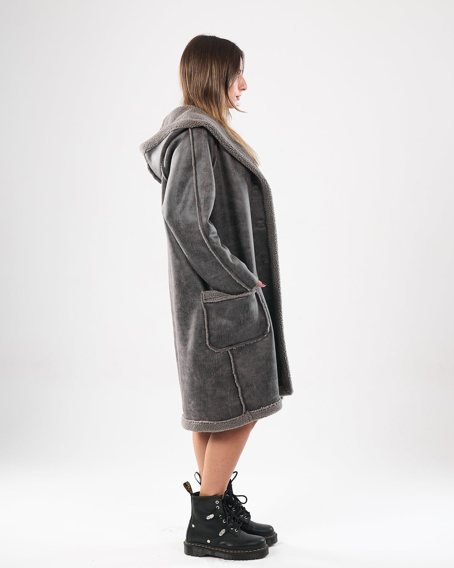 Faux shearling hooded leather coat