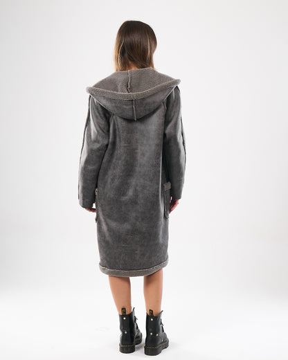 Faux shearling hooded leather coat