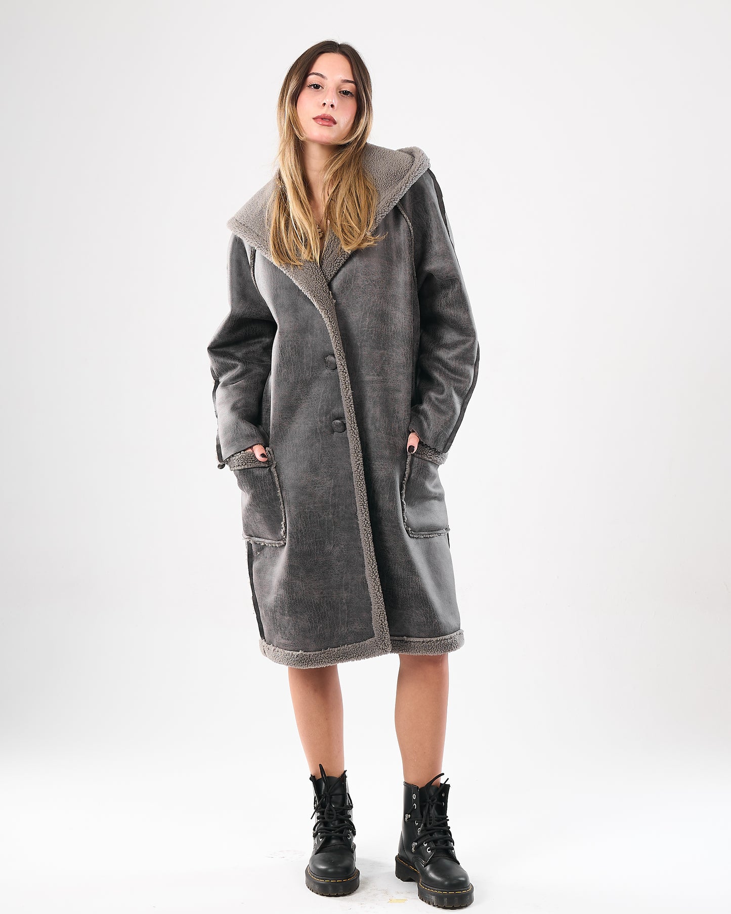 Faux shearling hooded leather coat