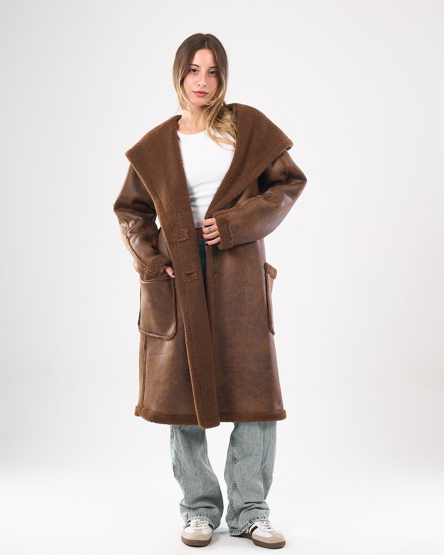 Faux shearling hooded leather coat