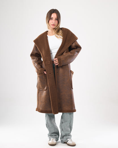 Faux shearling hooded leather coat