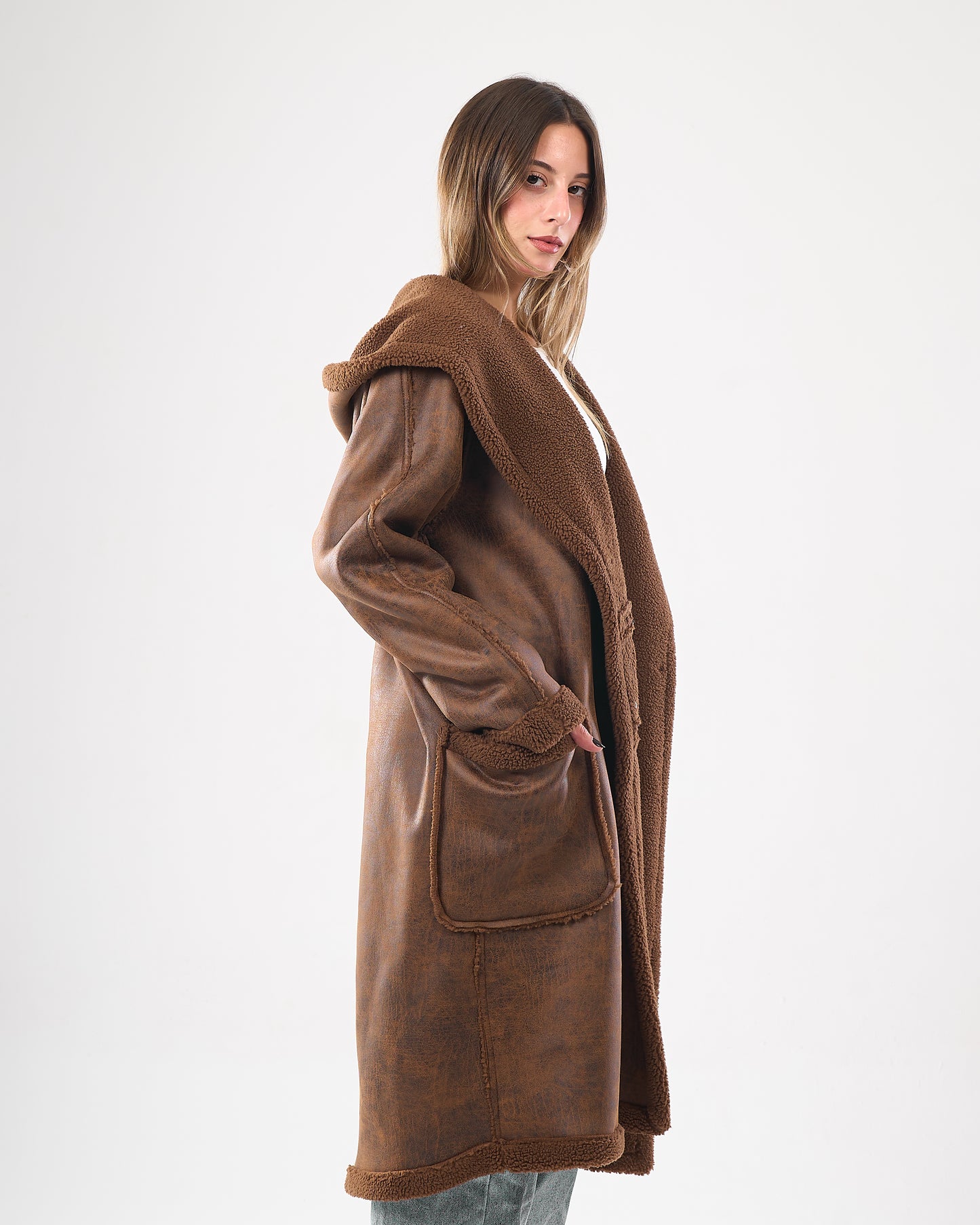 Faux shearling hooded leather coat