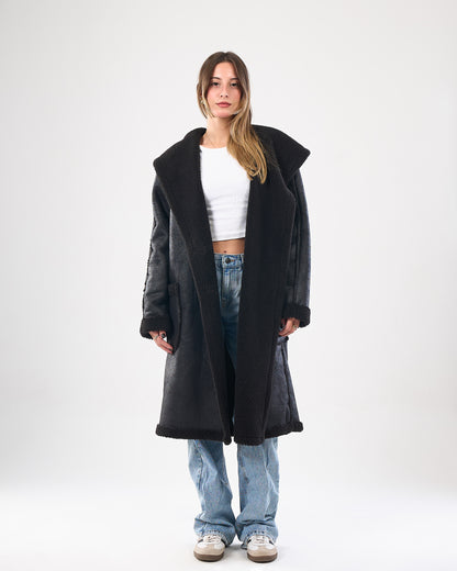 Faux shearling hooded leather coat