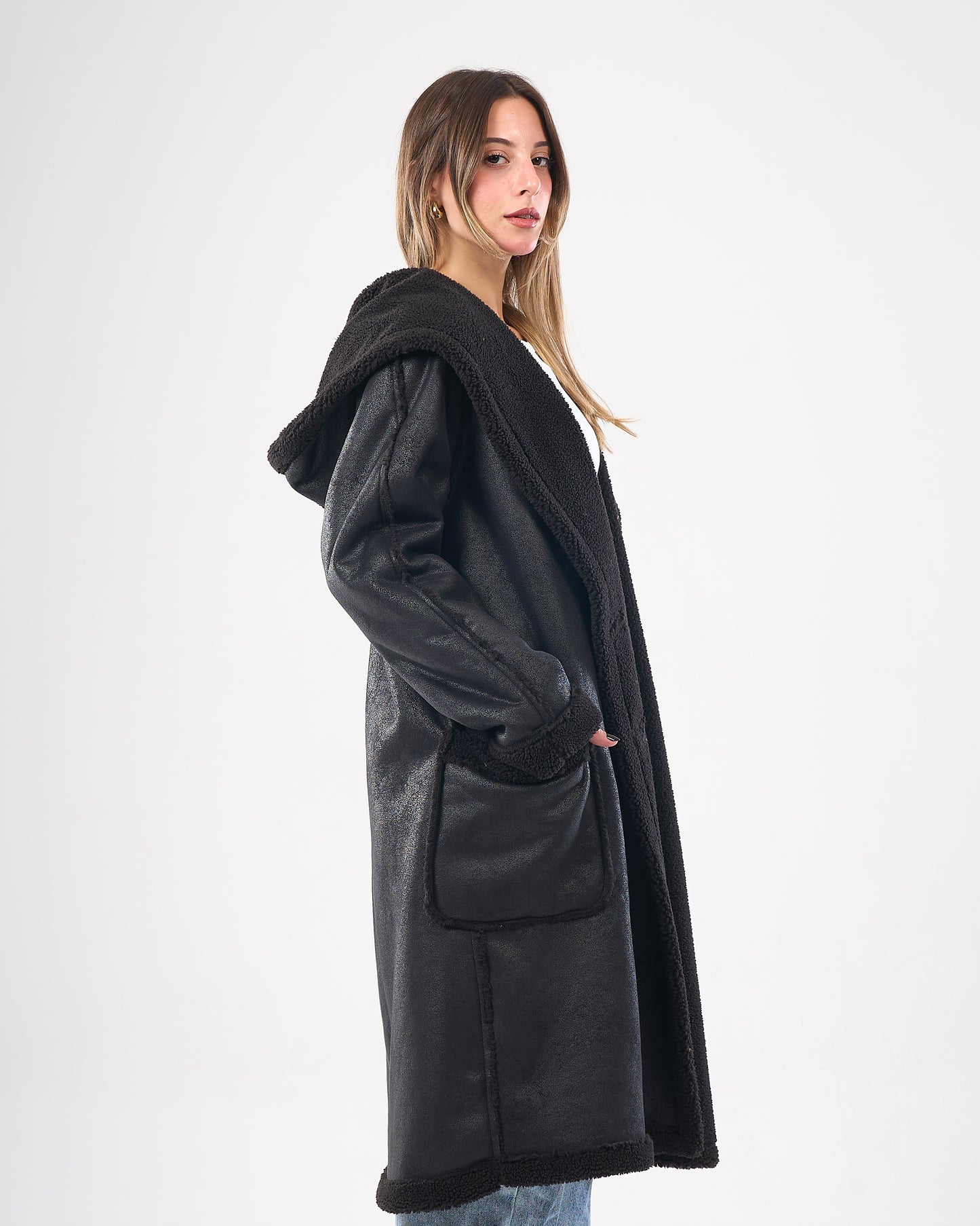 Faux shearling hooded leather coat