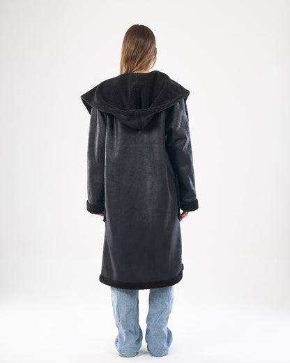 Faux shearling hooded leather coat