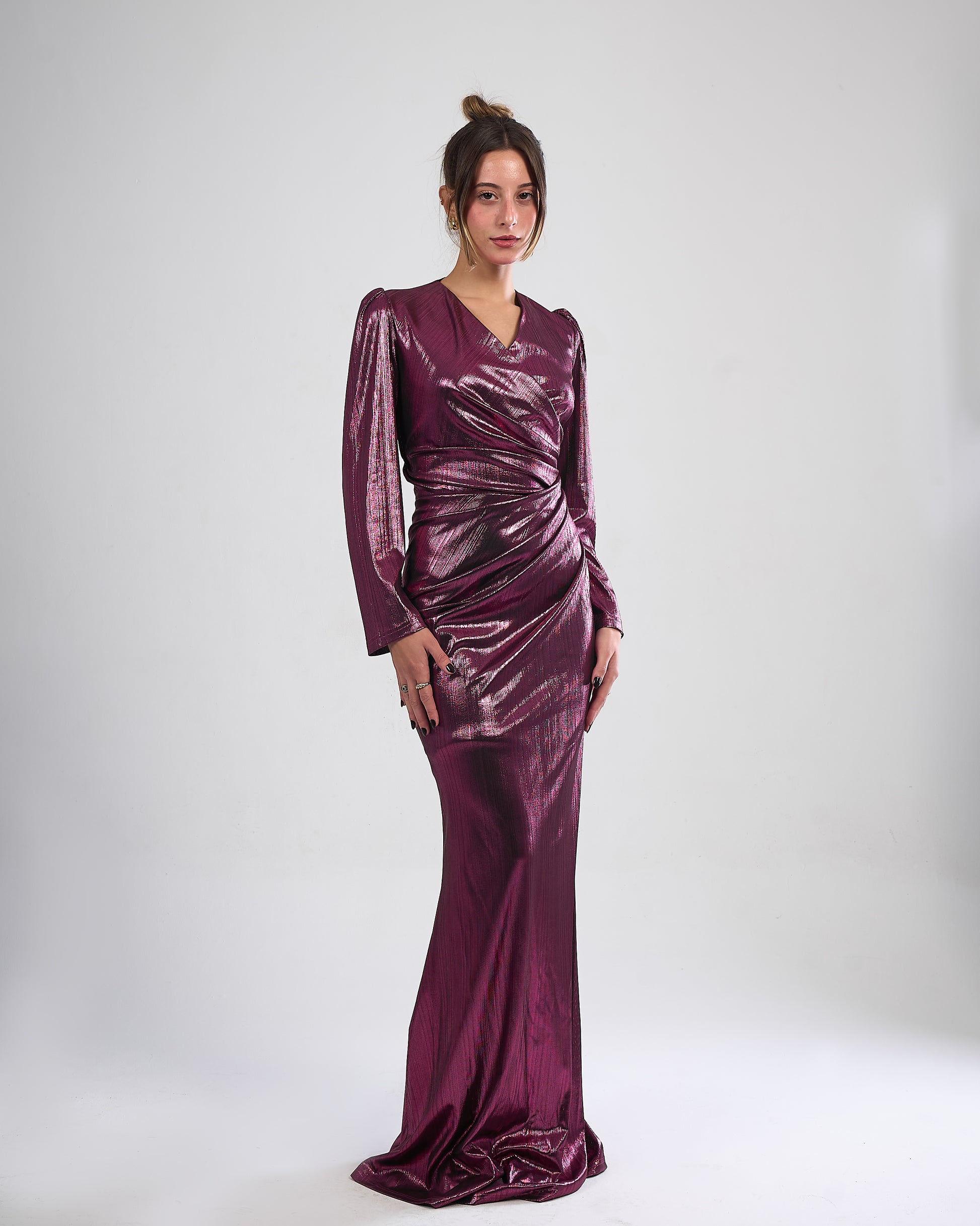 purple lame dress DRAPED SILK-BLEND PLISS-LAM GOWN IN PURPLE | CULT MIA